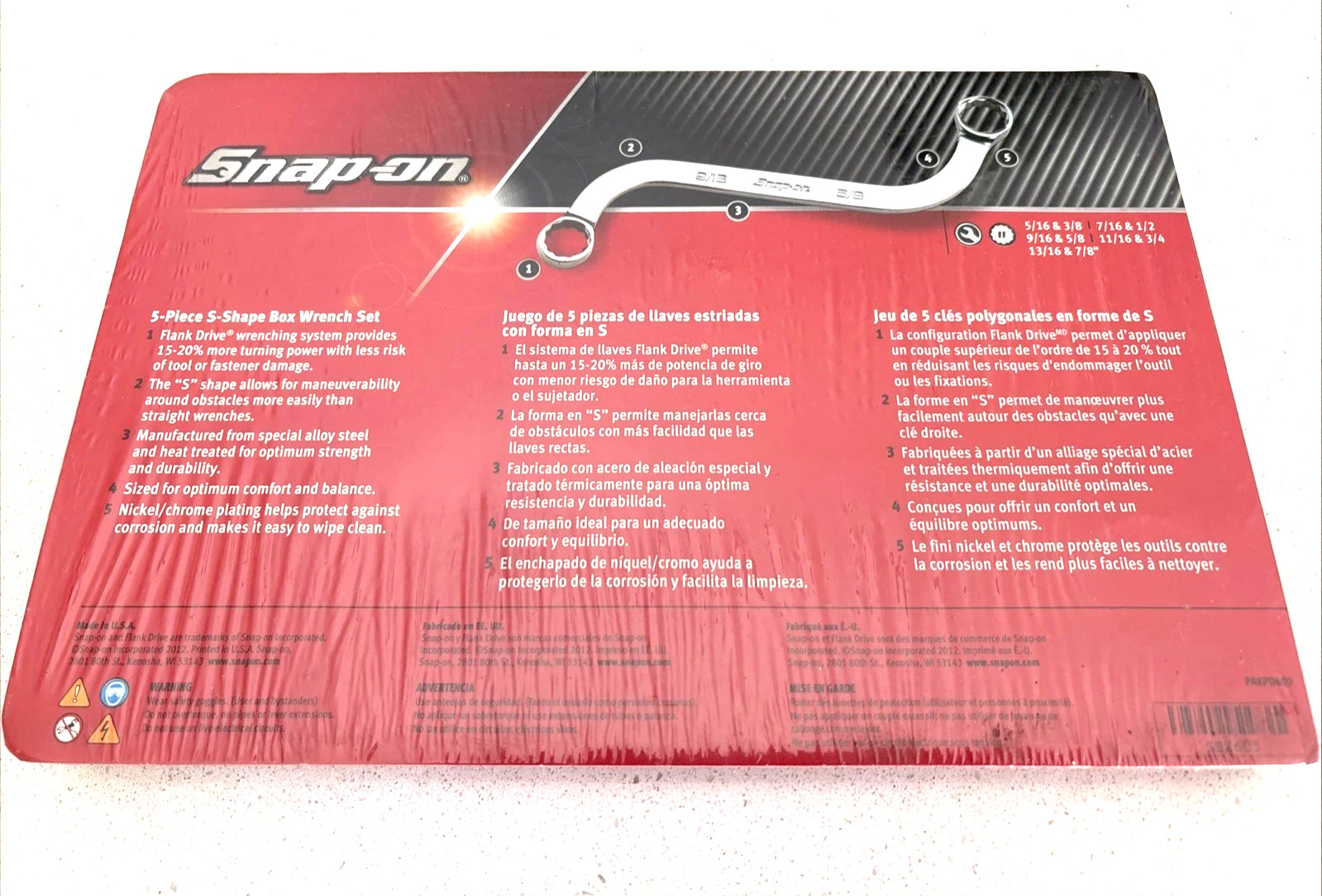 NEW Snap-on™ 5/16″ to 7/8″ 12-point box S-Shaped Obstruction Wrench Set SBX605