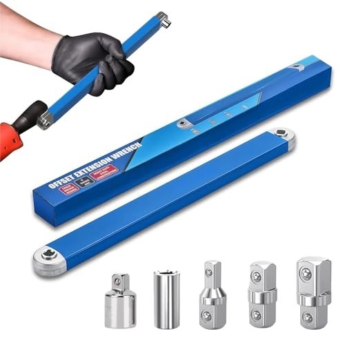 Offset Extension Wrench Set, 15.4″ Tight Reach Tool with 1/2″, 1/4″, 3/8″ Adapte