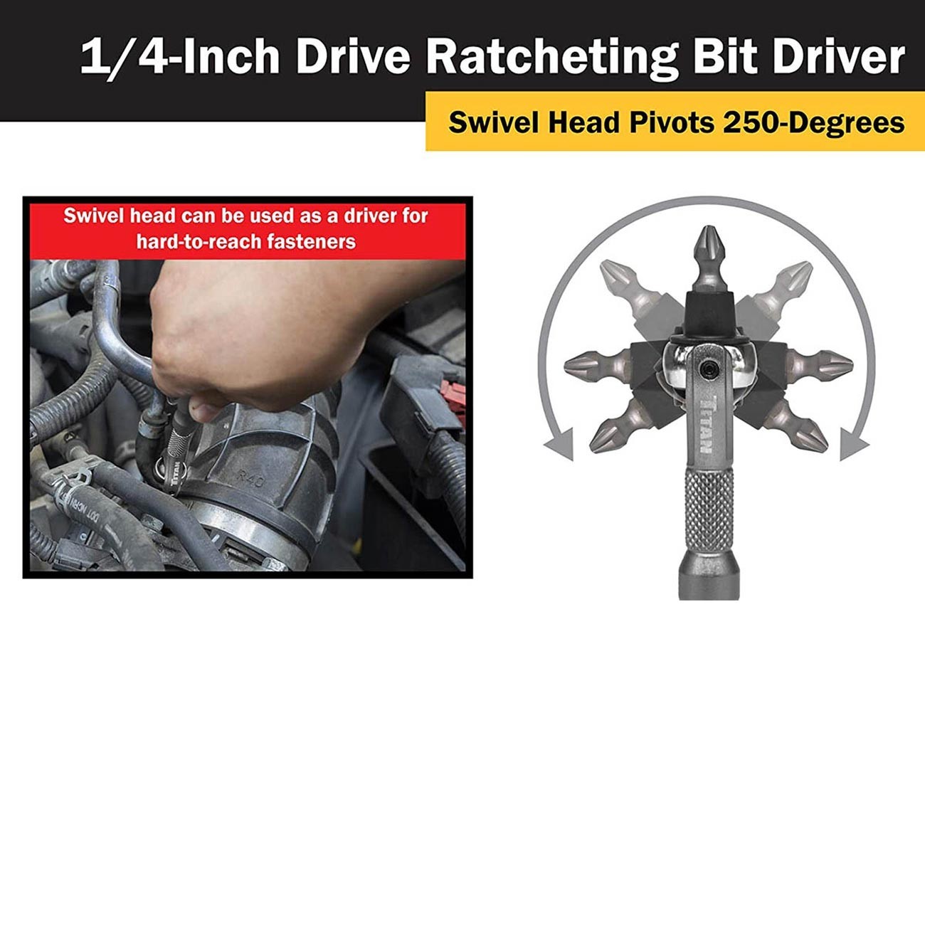 Titan 1/4″ Drive Aluminum Swivel Head Micro Ratchet Bit Driver w/PH1 & PH2 Bits