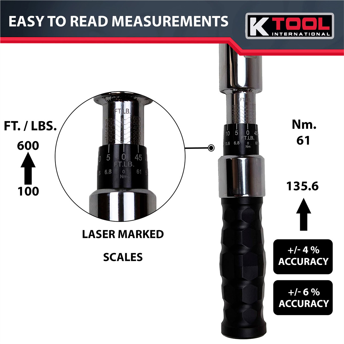 K-Tool 72176A 3/4″ Drive 41″ Long Adj Torque Wrench, 100-600 ft/lb