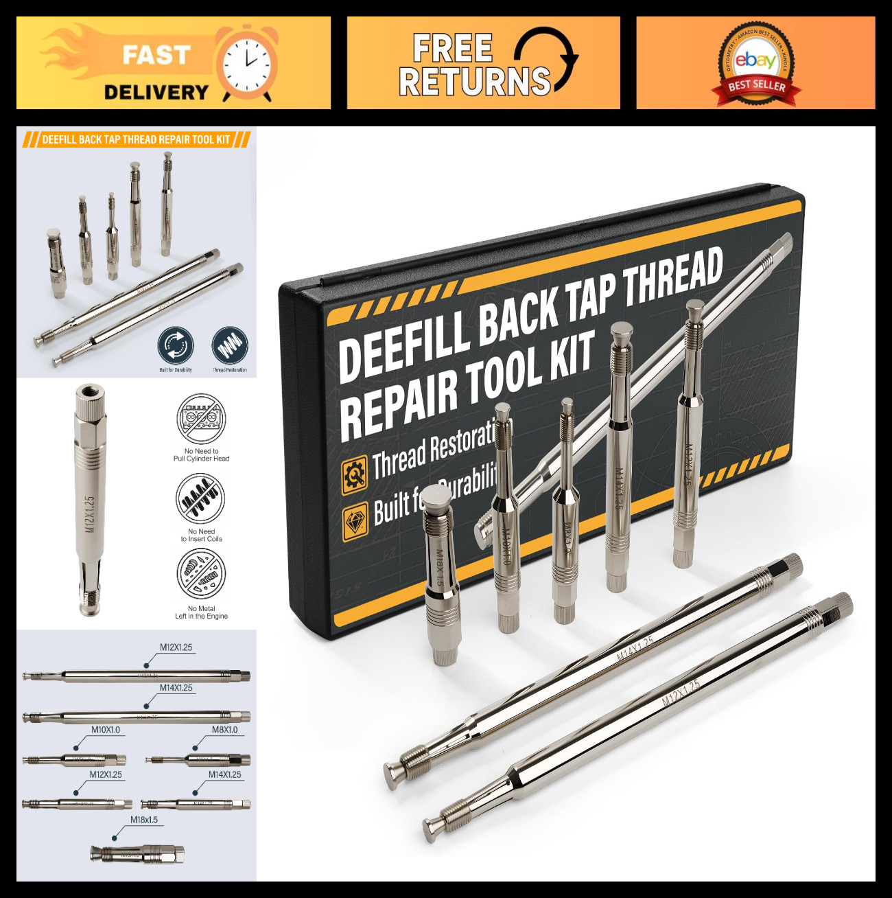 Thread Repair Tool Kit 7-Pack – M8 M10 M12 M14 M18 Spark Plug Chaser Set, No Hea