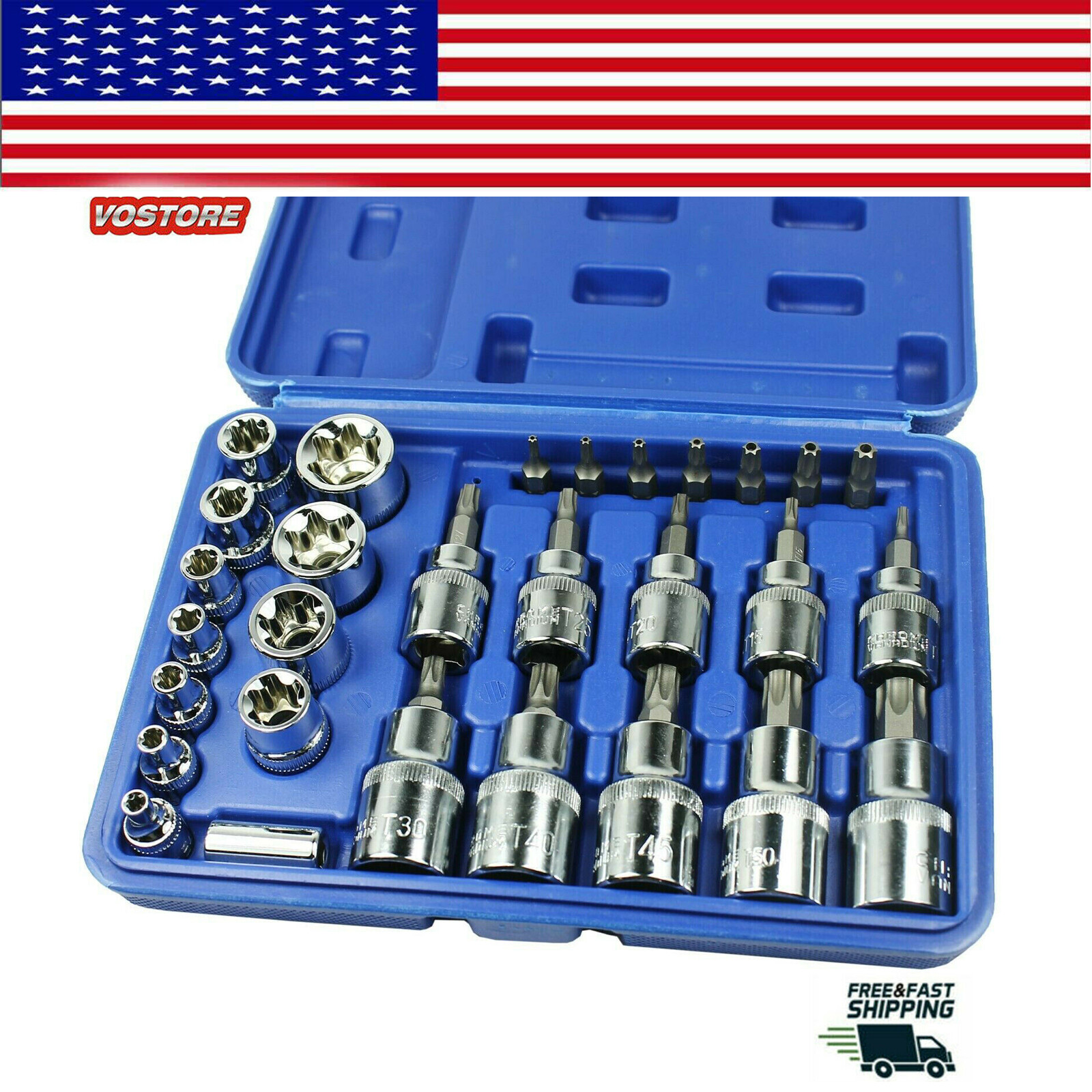 Set of 29PCS Torx Socket + Bit Kit 1/4″ 3/8″ 1/2″ Bright Chrome Vanadium Steel