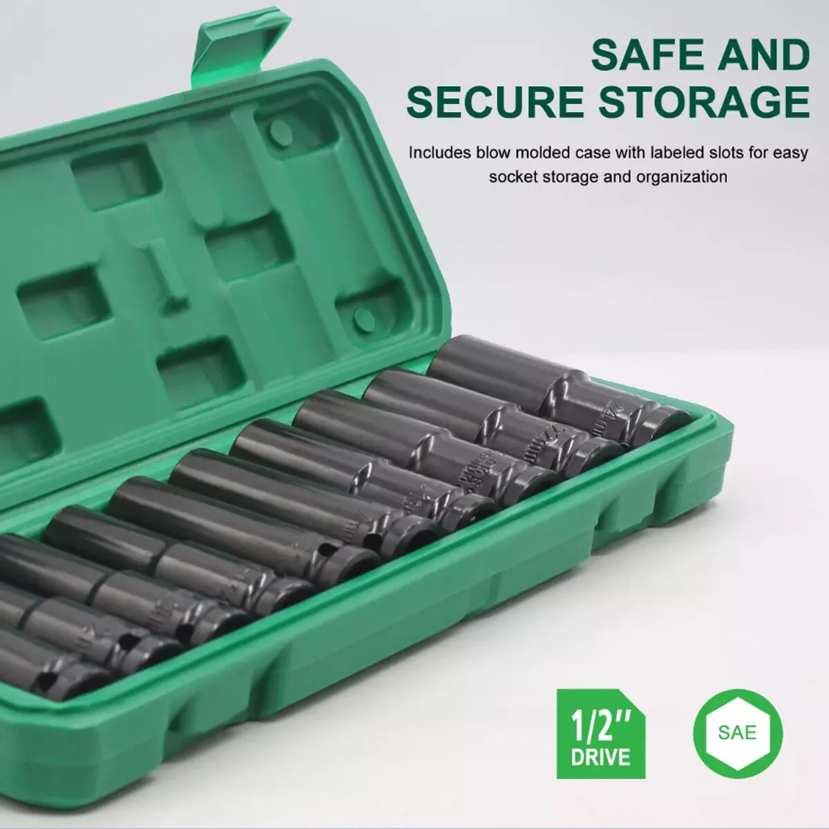 10pcs Metric Deep Impact Socket 1/2″ Drive 10mm-24mm 6 Point Sockets w/ Case Set