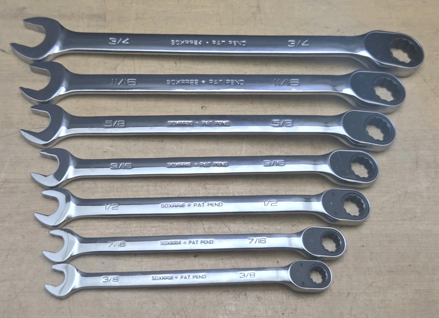 New Snap On SOXRR707A-7 Pc SAE Flank Drive Plus Reversible Ratcheting Wrench Set