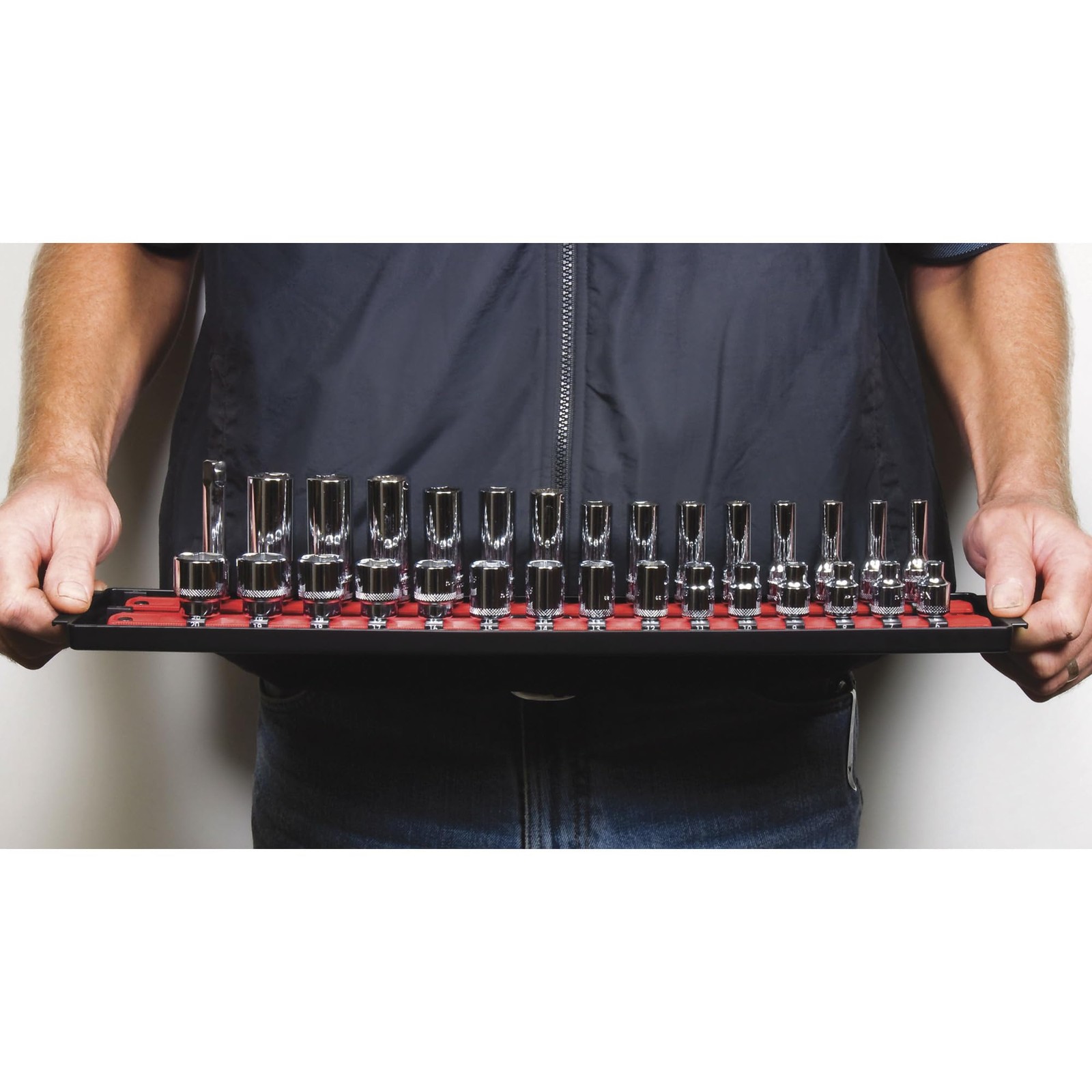 Socket Organizer 3/8 Drive 19 Inch 2 Rail Red Ernst 8453 Manufacturing Boss Tray