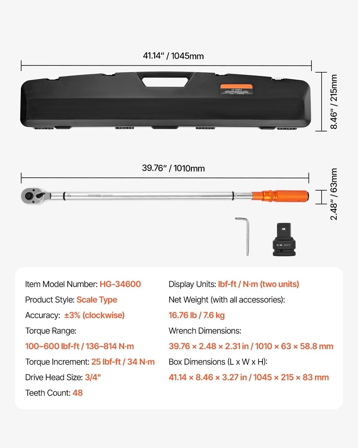 Click Torque Wrench 3/4 In Drive 100-600 lbf-ft/136-814N.m Dual-direction