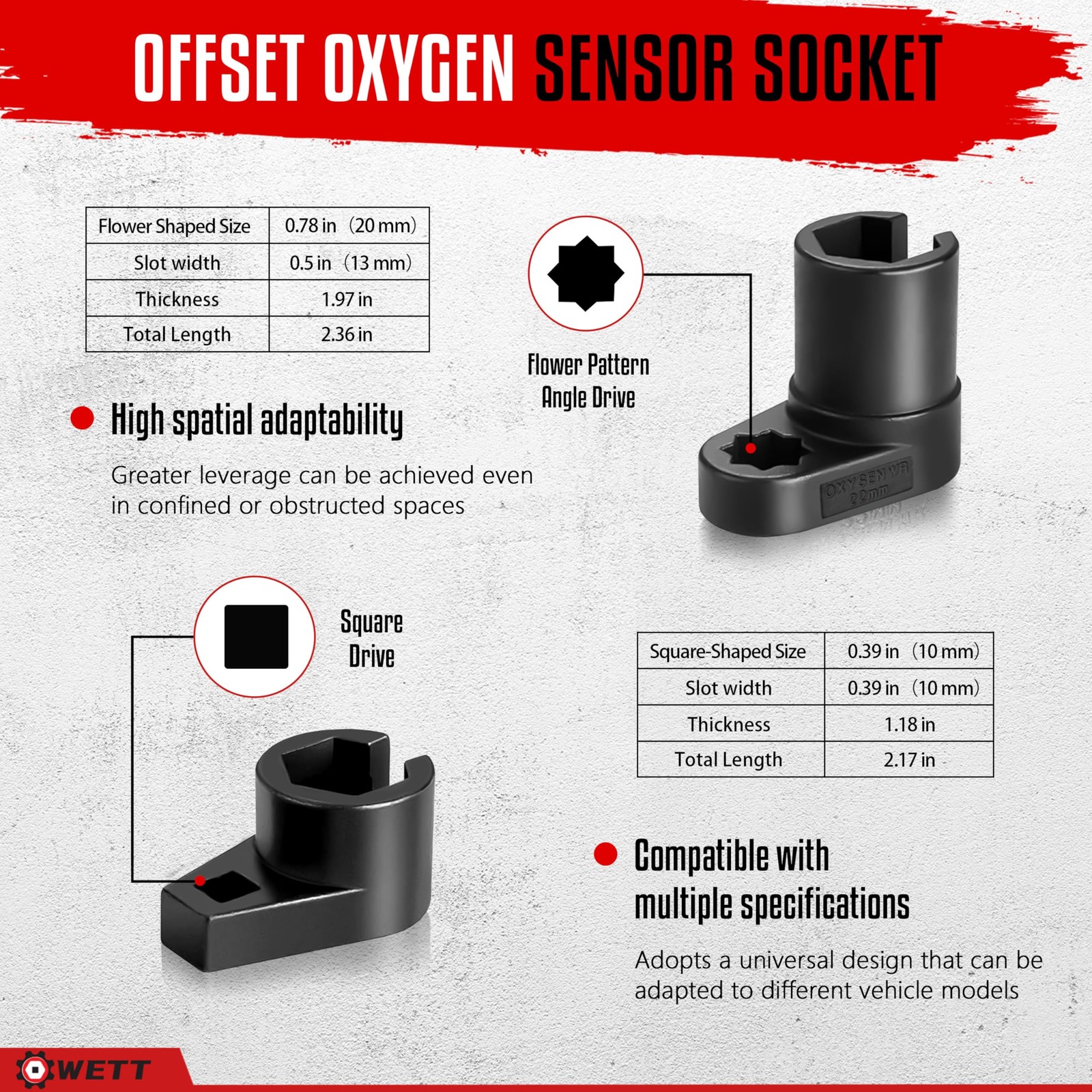 WETT Oxygen Sensor Socket Set, 5Piece Offset O2 Sensor Wrench Removal Tool an…