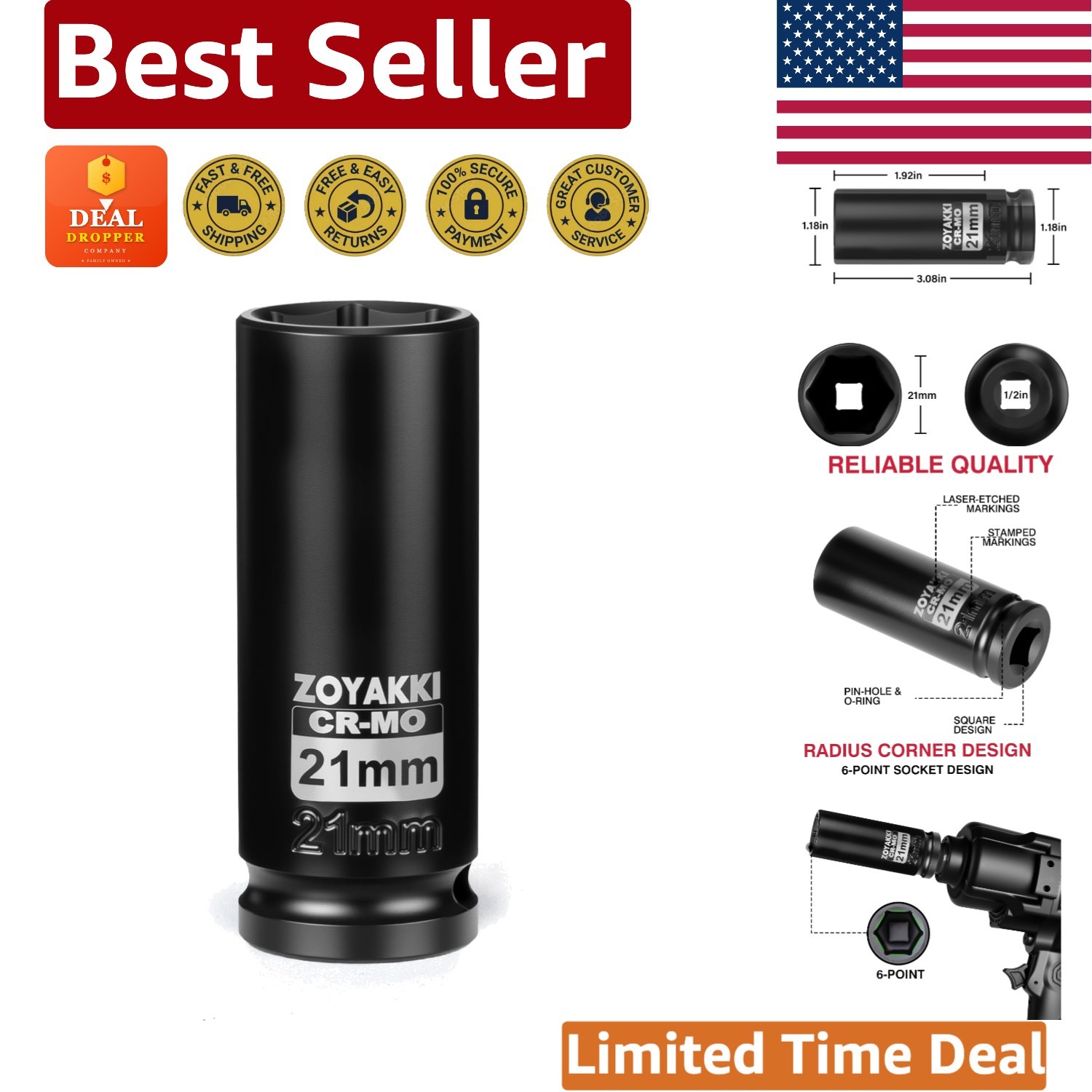 Chrome Molybdenum 21mm Impact Socket for Efficient Axle Nut Removal – 1/2