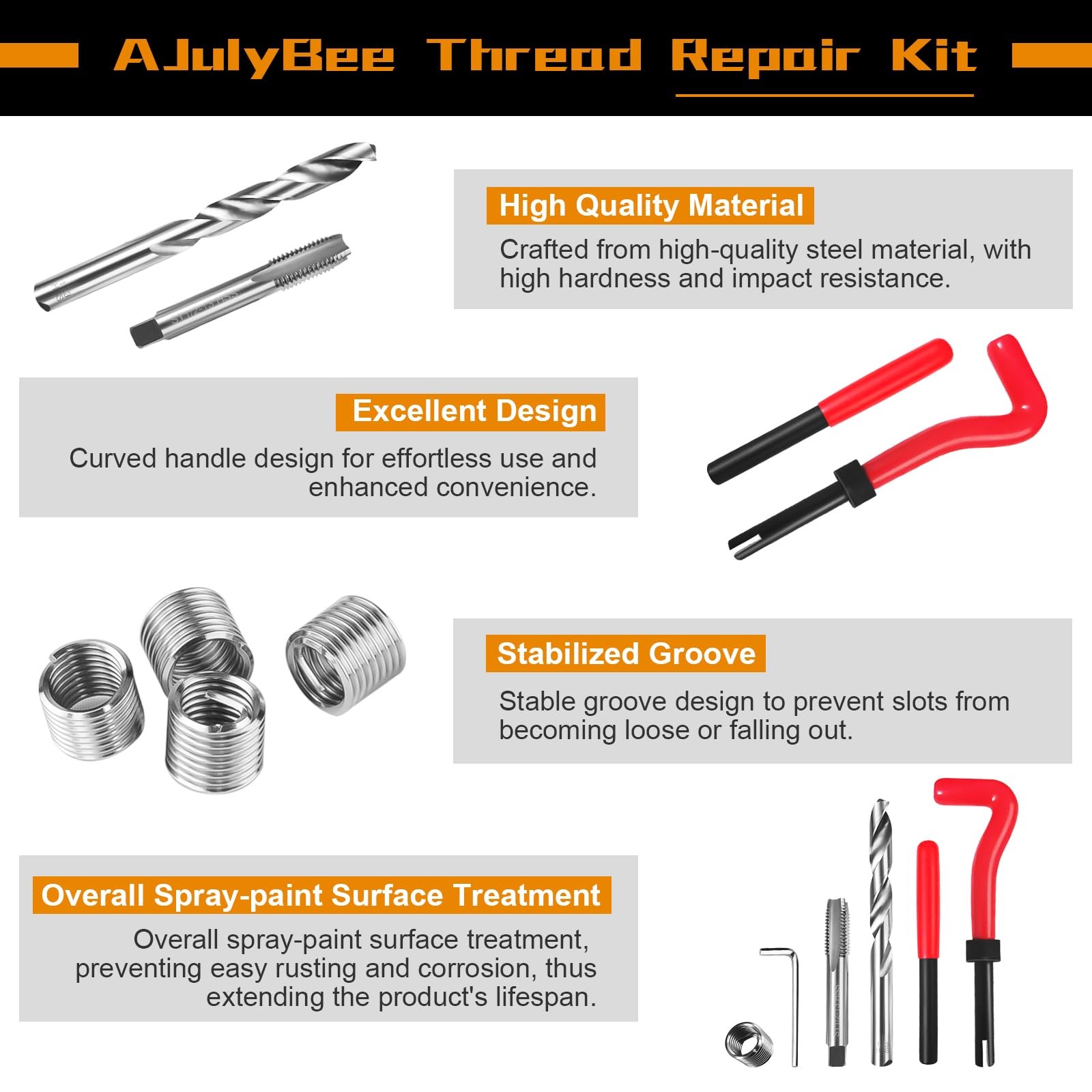 AJulyBee 301Pcs Helicoil Thread 1/4″ 5/16″ 3/8″ 7/16″ 1/2″ M5 M6 M8 M10 M12