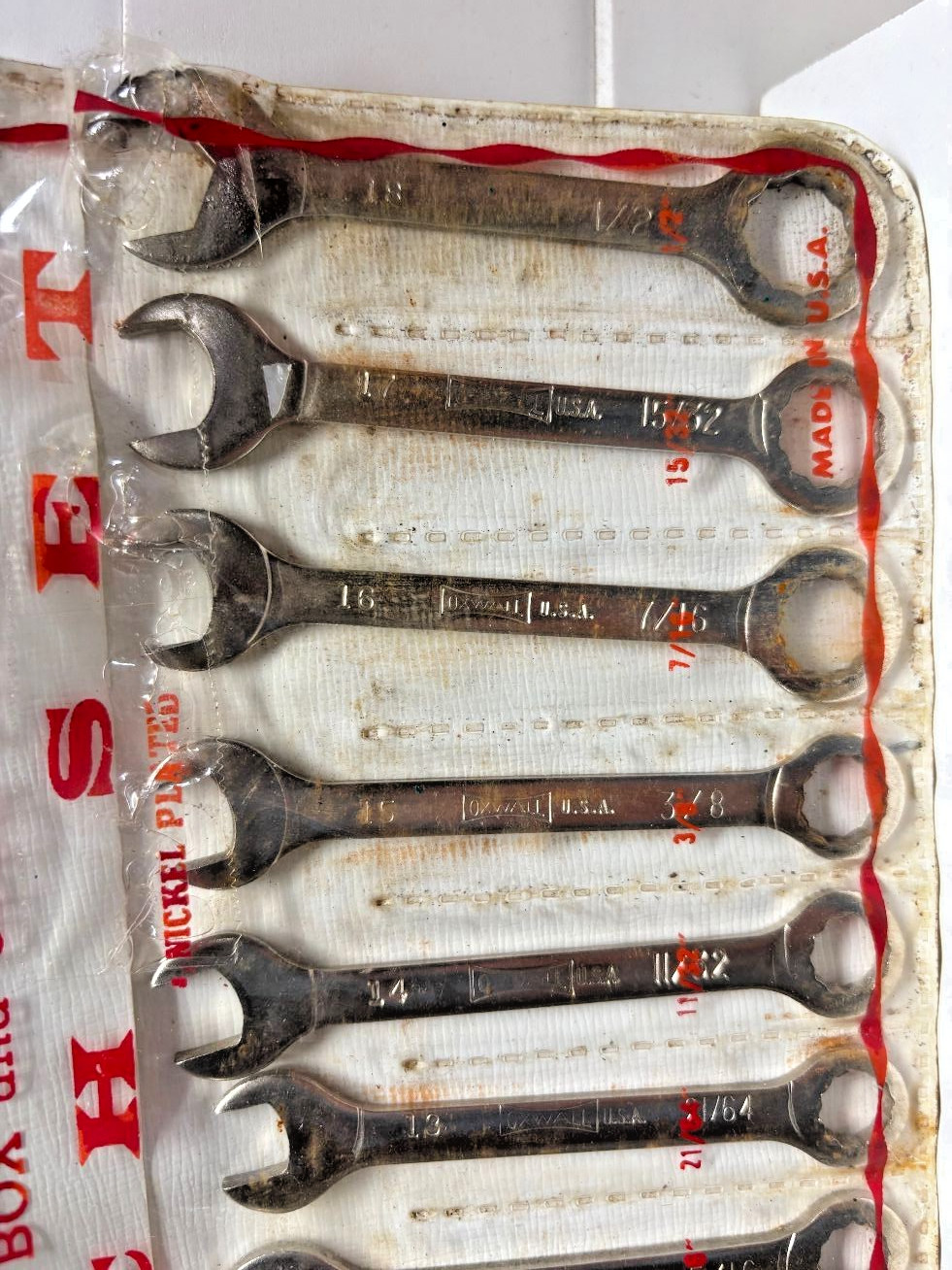 Vintage Oxwall #3972 ~ 14 Piece Box & Open Wrench Set SAE ~ E-Z HANG-UP KIT