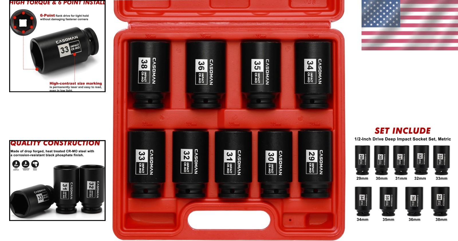 Corrosion-Resistant 1/2-Inch Impact Socket Set – 29mm to 38mm Sizes, 9-Piece