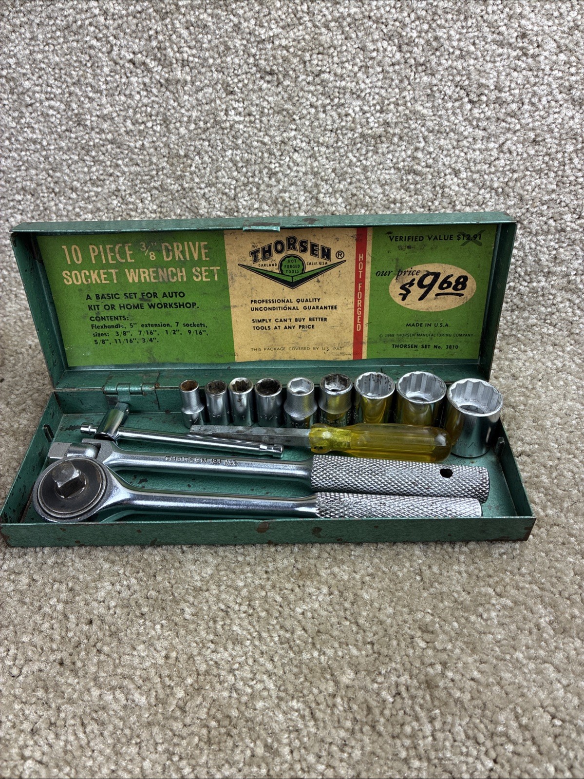 Thorsen #3810 3/8 Ratchet/Socket Set SAE 1968 Vintage