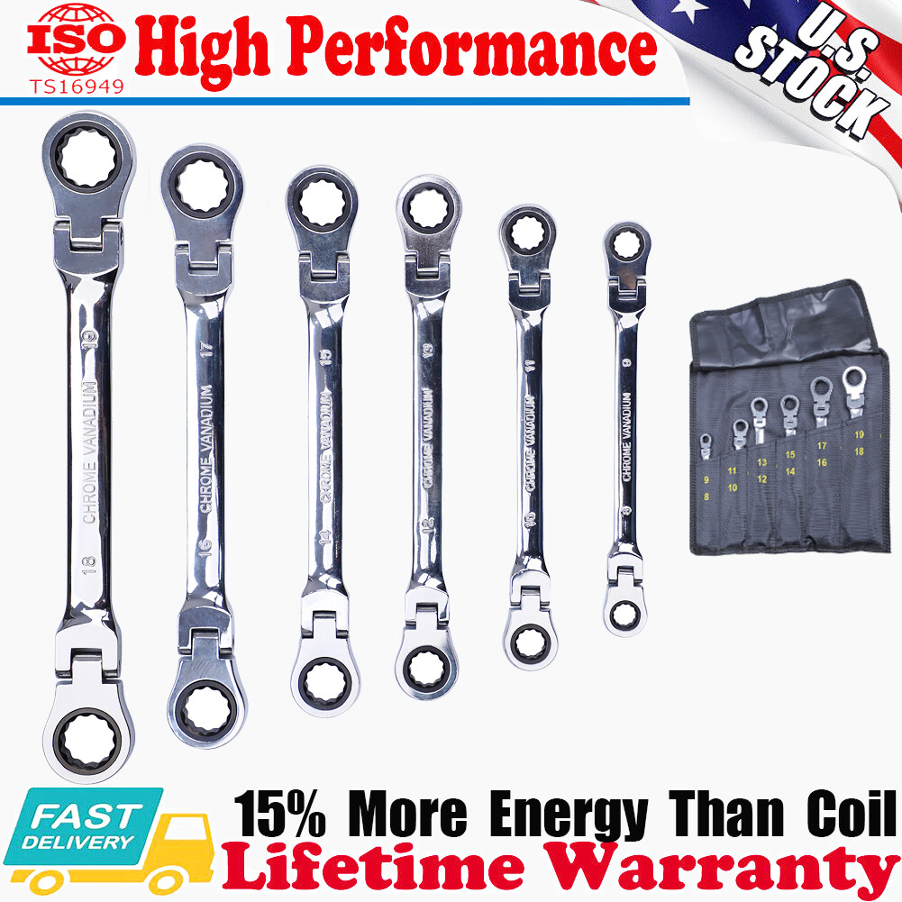 6Pcs Heavy Duty Ratcheting Wrench Set Spanner Tool 8-19 mm Metric Flexible Head