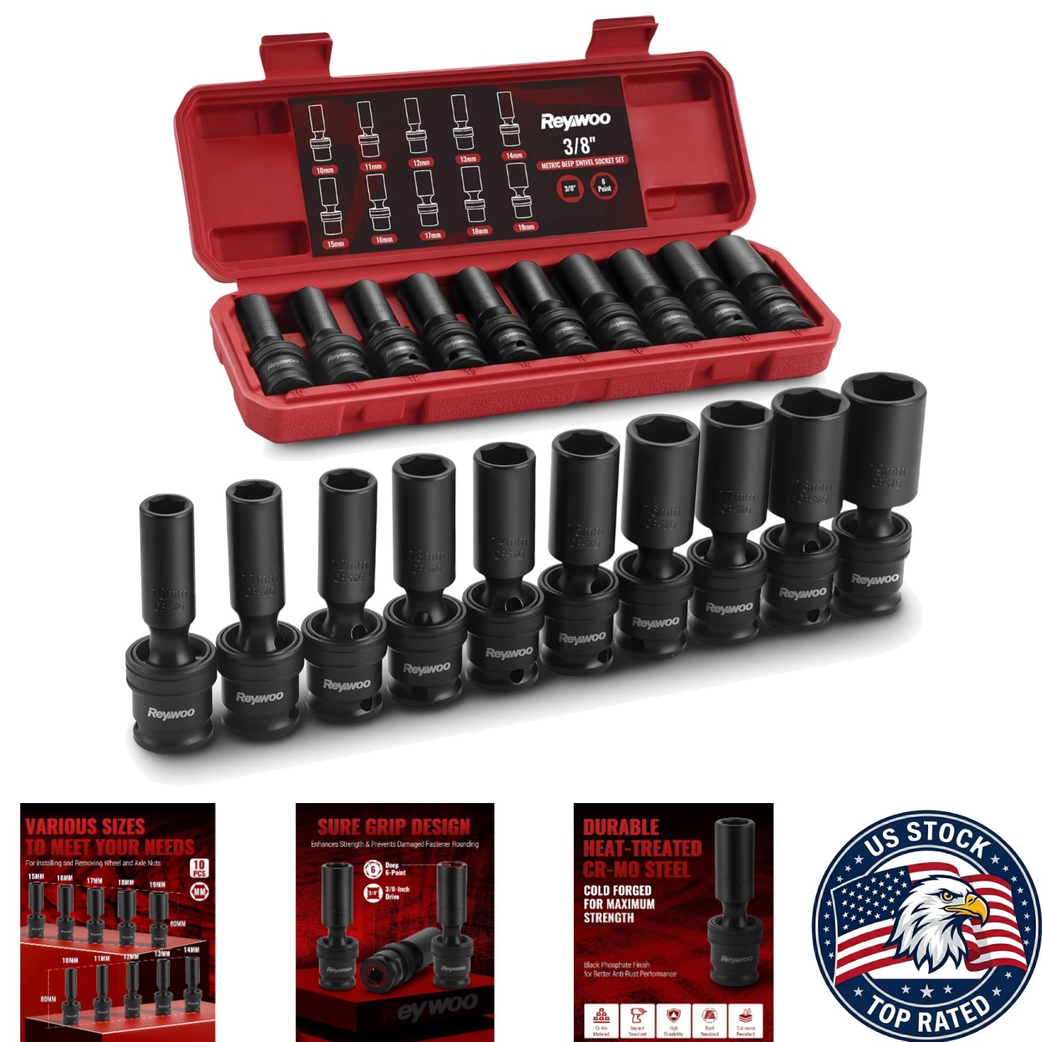 Durable 10-Piece 3/8″ Drive Deep Socket Set with Vibration Absorption Technology