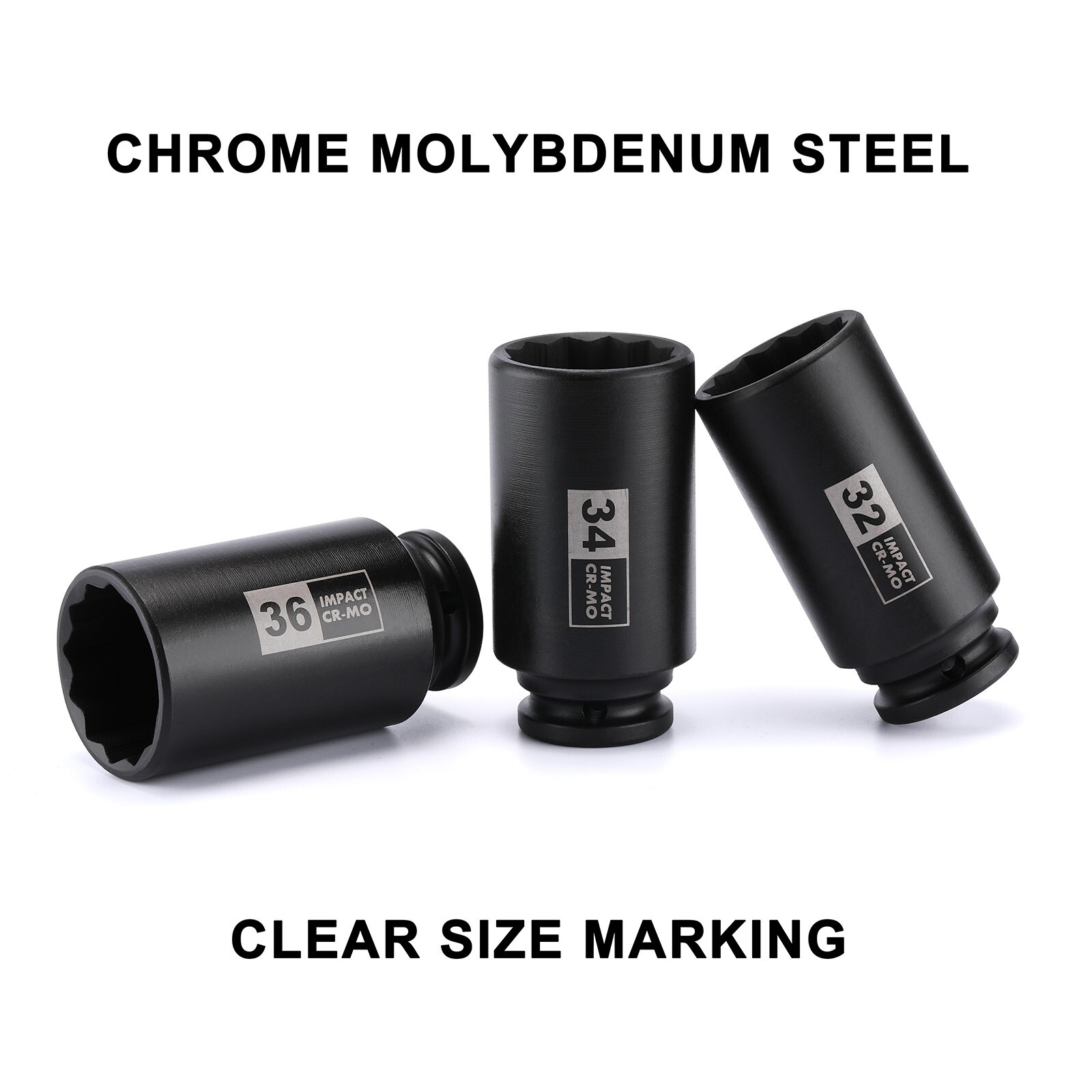 1/2″ Drive Deep Impact Socket Set, CR-MO, 8 Piece 12 Point Metric , 29mm-39mm