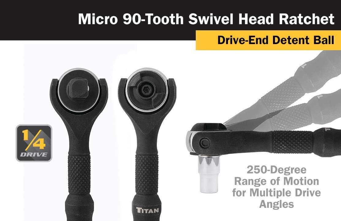 Titan Tools 1/4″ Drive X 4″ 90-Tooth Swivel Head Micro Ratchet – Black 11313