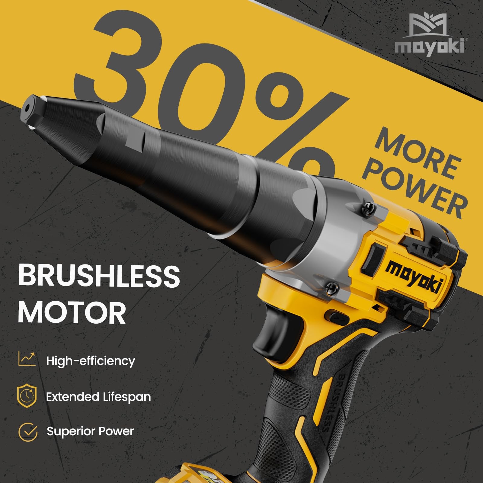 Mayoki Cordless Rivet Gun Compatible with 20V for 3/16″ Rivets, Yellow+Black