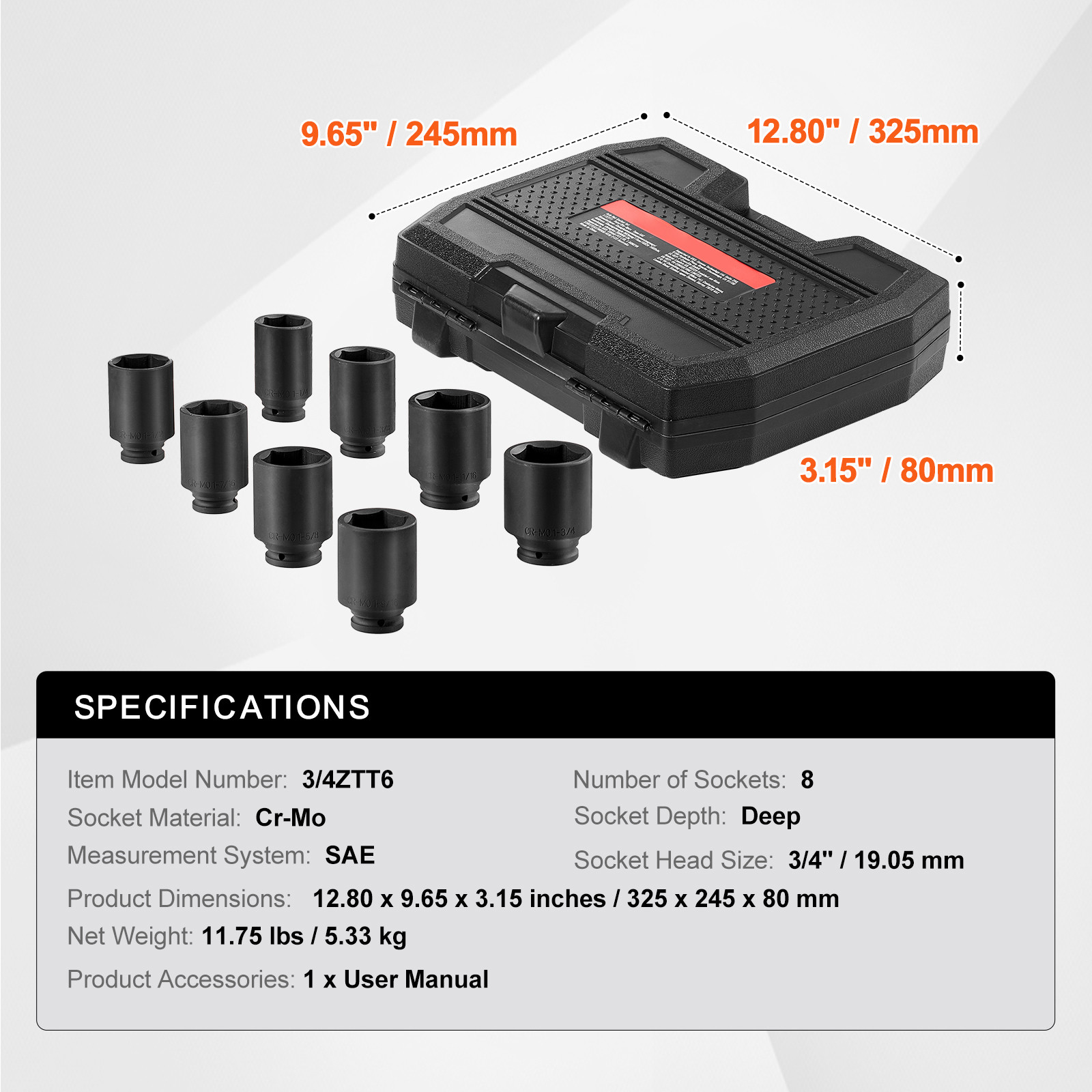 VEVOR Axle Nut Impact Socket Set 3/4″ Deep Drive 6-Point 8PCS SAE Spindle Socket