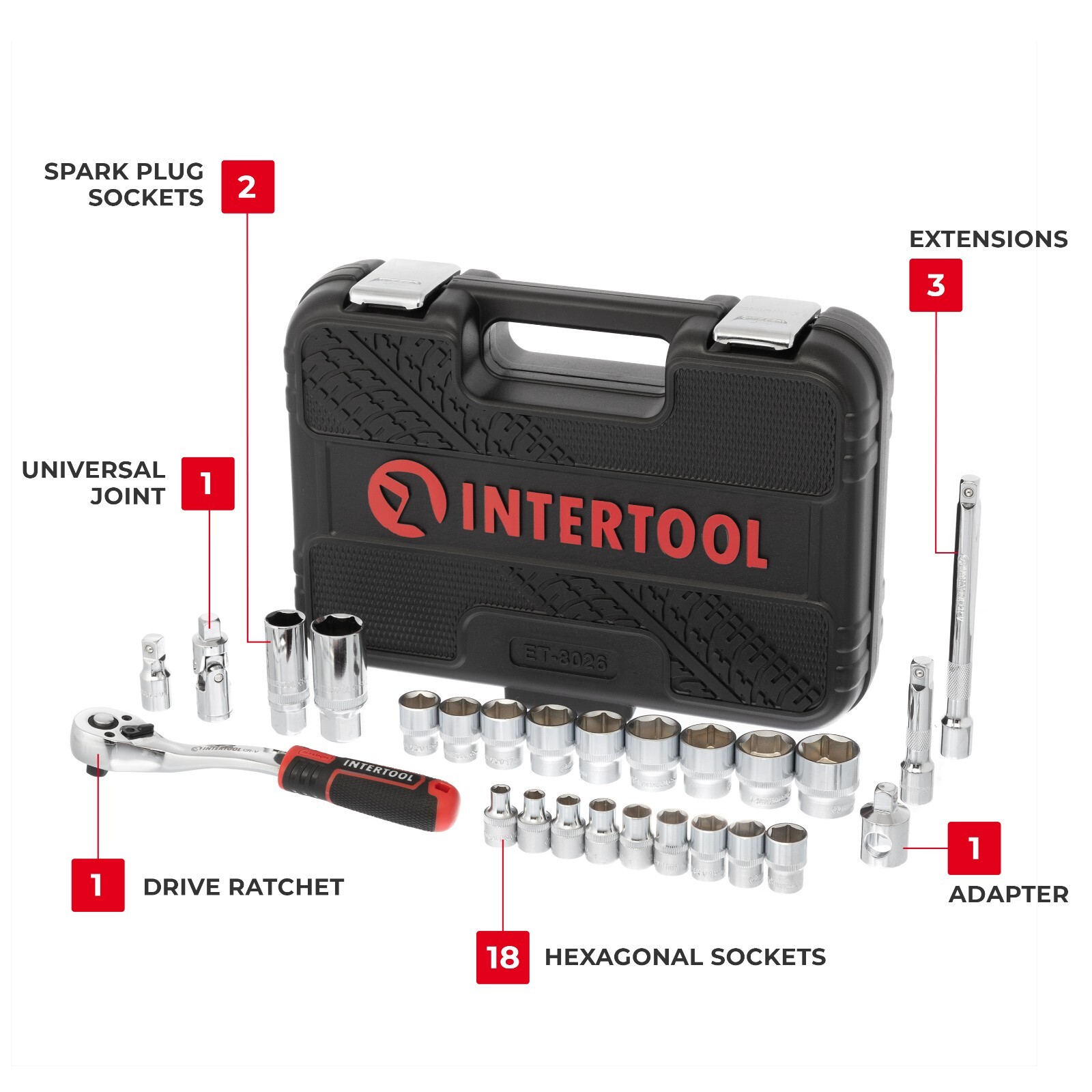 INTERTOOL 26pc 3/8-inch Ratchet Socket Wrench Set ET08-8026