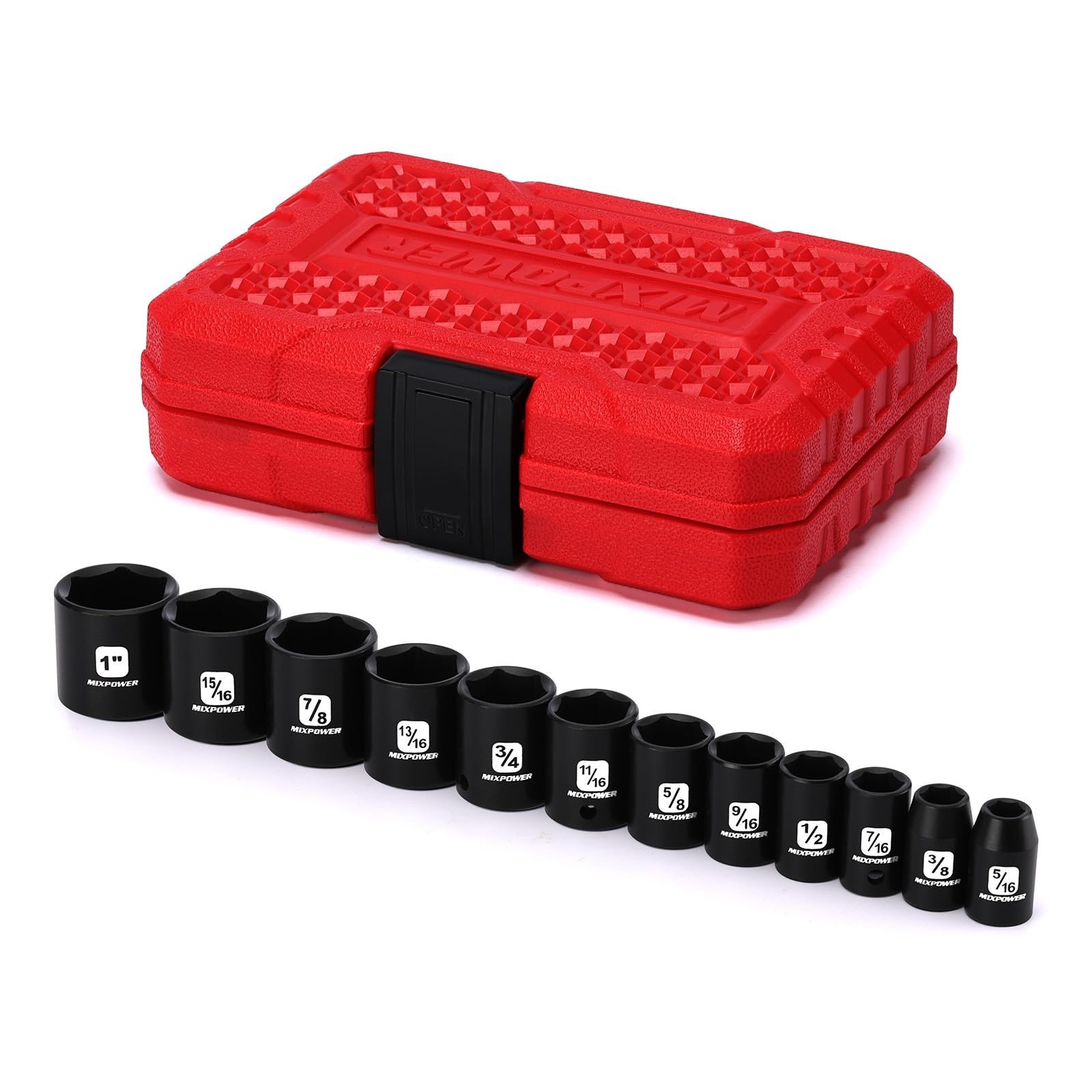 12-Piece 3/8″ Drive Shallow Impact Socket Set, SAE 6-Point, CR-V, 5/16″-1″ Sizes