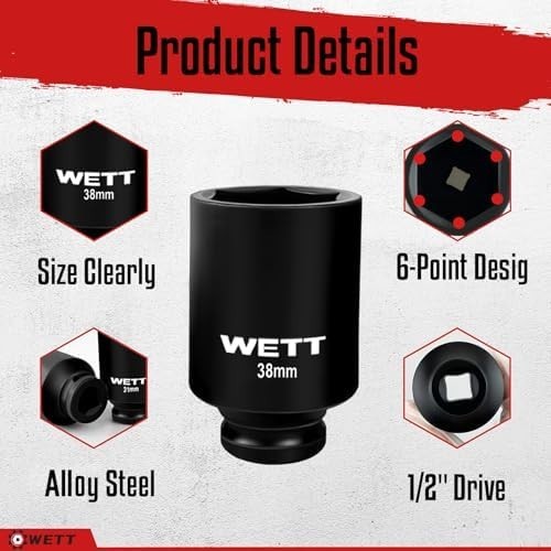 1/2″ Drive Deep Large Impact Socket Set, 9-Piece Spindle Axle Nut Metric 6 Point