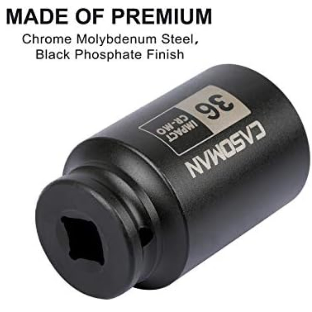 1/2″ Drive X 36 Mm Deep 6 PT Impact Socket, CR-MO, Drive 6 Point Axle Nut Socket