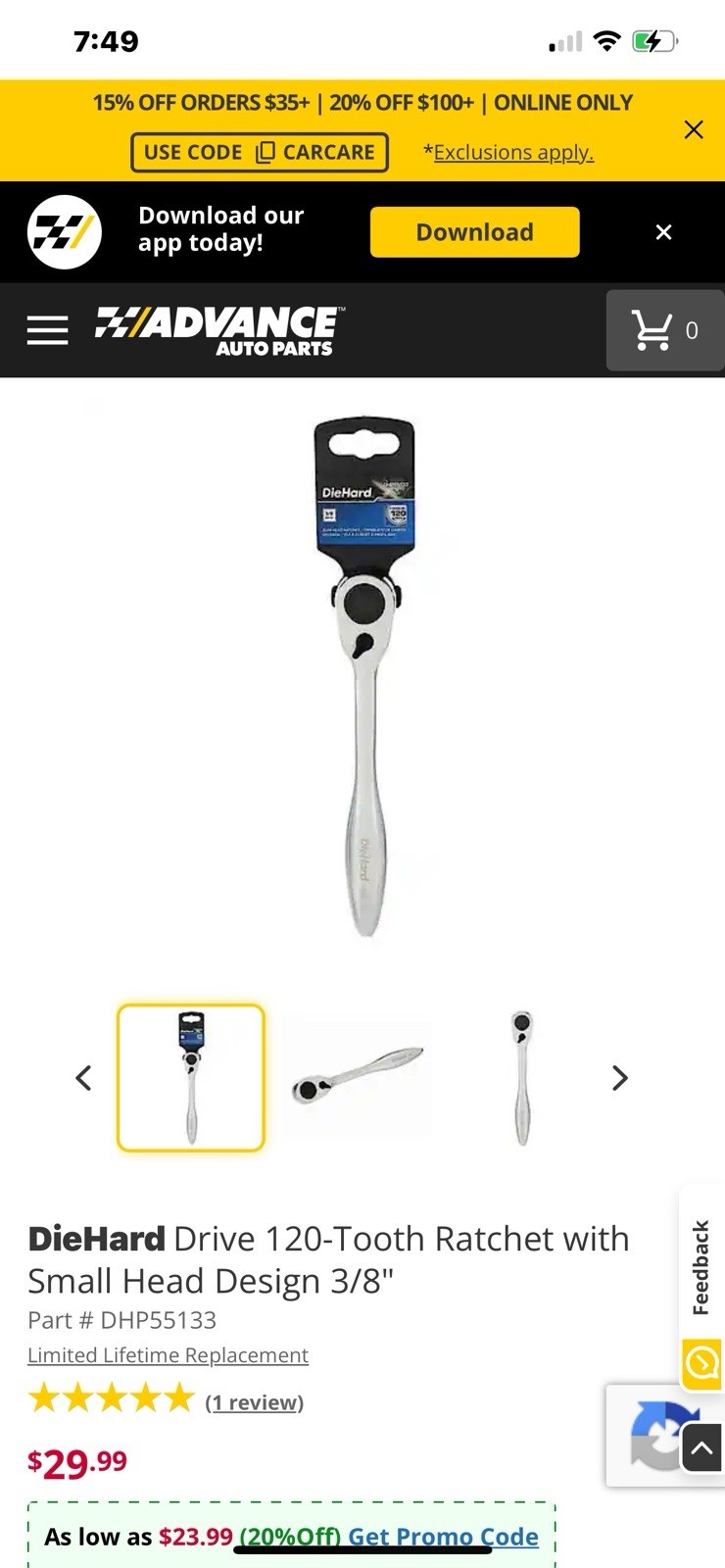 Die Hard 3/8 Slim Head Ratchet
