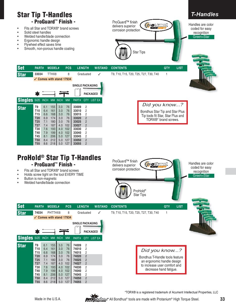 T15 Torx/Star Tip T-Handle Wrench 6.6″ Long Bondhus USA 33015