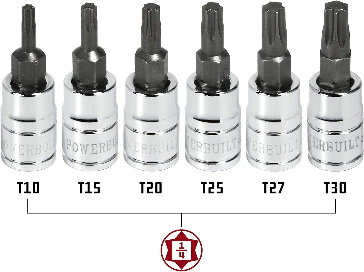Powerbuilt 6 Pc. 1/4 in. Drive Torx Bit Star, 3/8 Drive, 6 Piece, Silver