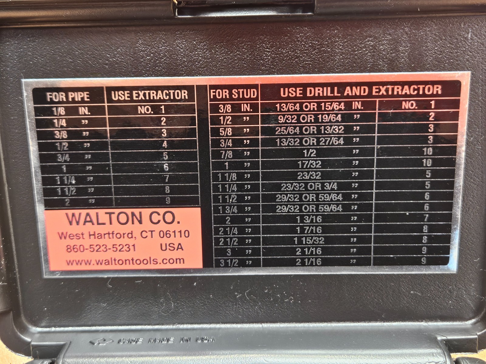 50205 Pipe & Bolt Extractor Set Walton Reps 1/8-3/4 Pipe 3/8-1-1/4 Bolt USA