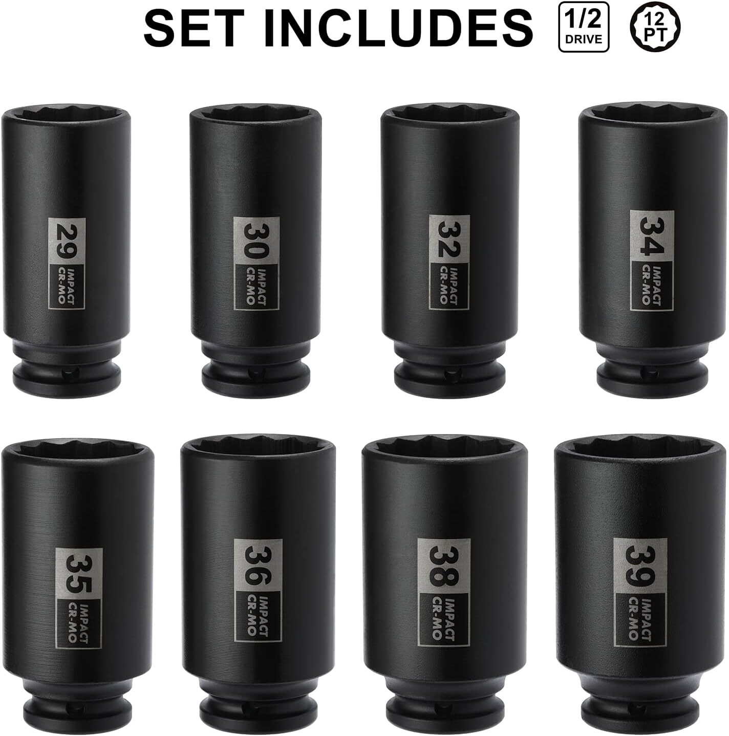 8PCS 1/2″ Deep Axle Nut Impact Socket Set| CR-MO, 12 Point Design, Metric, 29,30