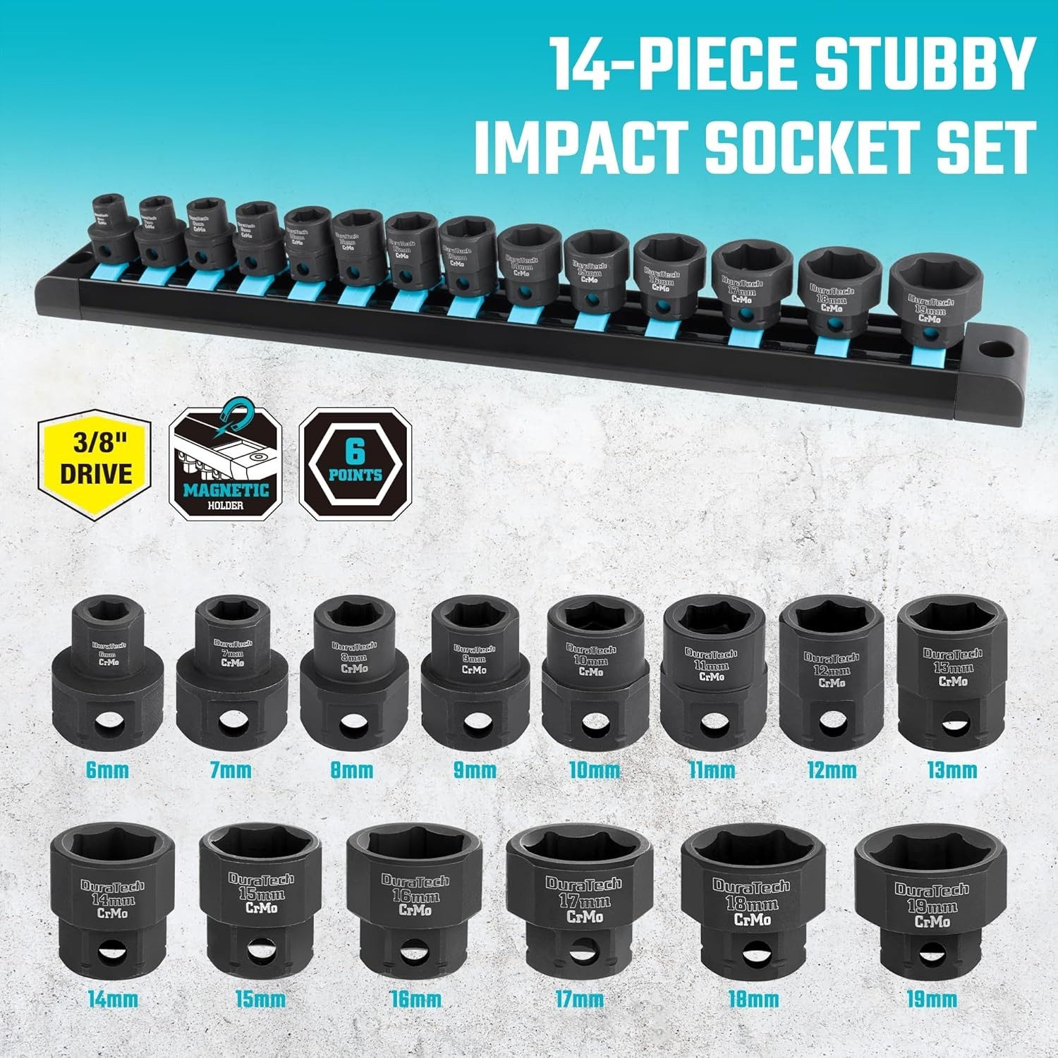 38 Drive Stubby Impact Socket Set, Low Profile Impact Sockets, 14-Piece, Metric,
