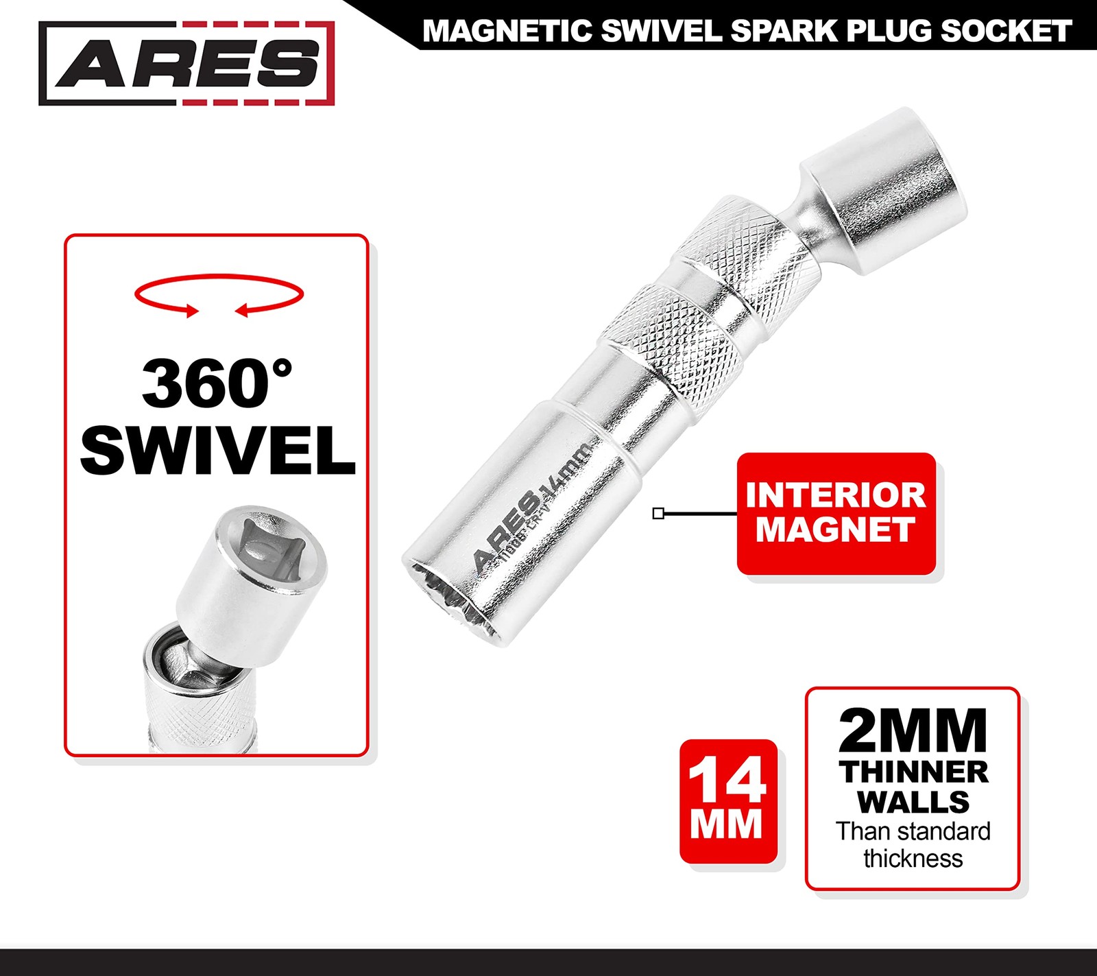 ARES 11000-14mm Thin Wall Magnetic Swivel 14mm Spark Plug Socket
