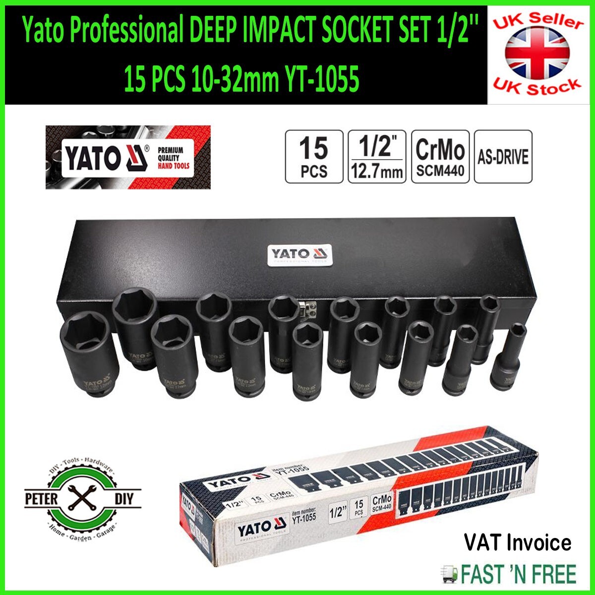 Yato Professional DEEP IMPACT SOCKET SET 1/2» 15 PCS 10-32mm YT-1055