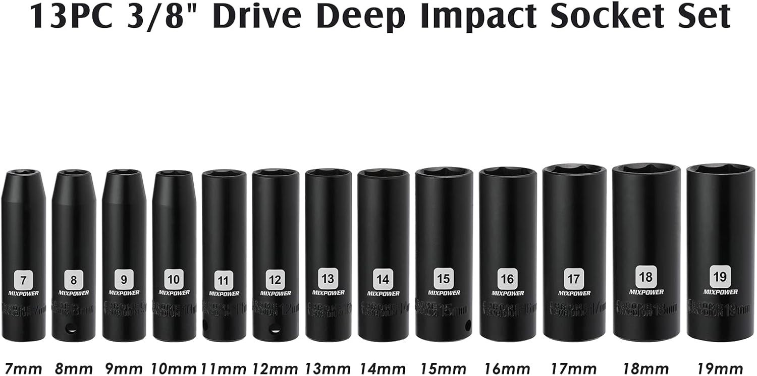 13 Pieces 3/8-Inch Drive Deep Impact Socket Set, 7mm to 19mm, CR-V, Metric, 6…