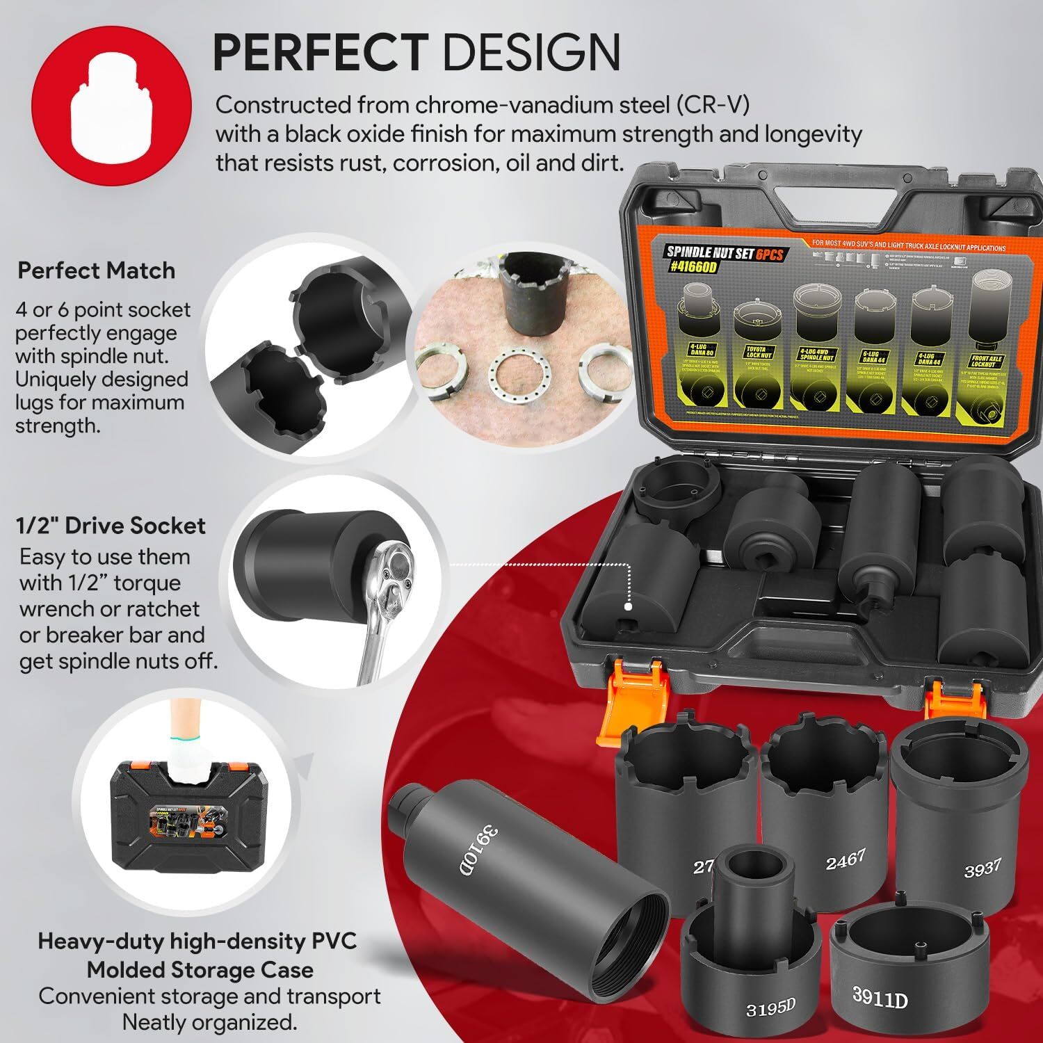 6 Pack Spindle Nut Socket Set 41660D 4WD Axle Hub Lug Lock Nut Puller 1/2” Drive