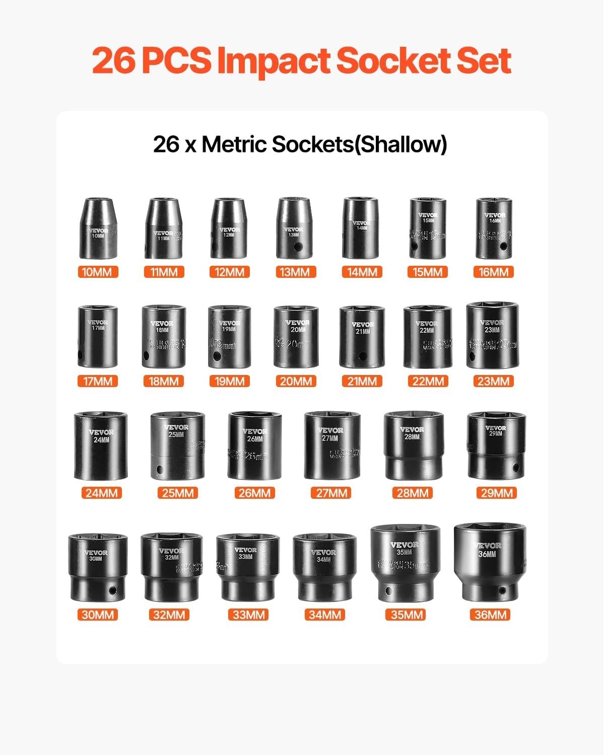 Versatile 1/2 Inches Impact Socket Set with Storage Cage, 10mm – 36mm, 26 Pieces