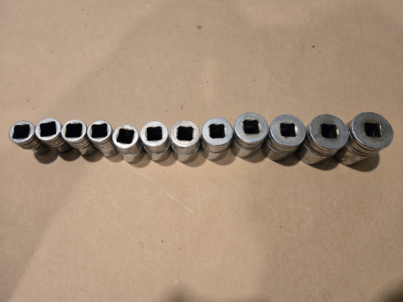 Snap On 1/2″ Drive 7/16″-1-1/8″ 6PT SAE Shallow Chrome Sockets USA Lot Of 12