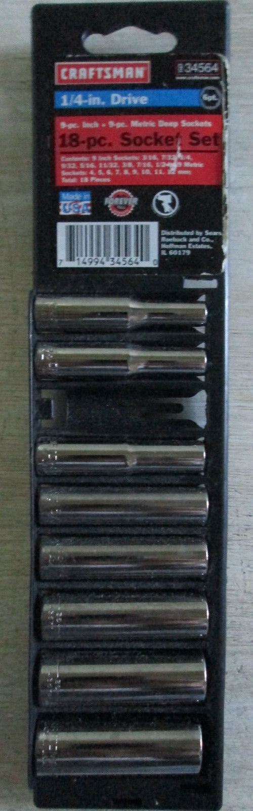 Craftsman 8 Socket Set 1/4 Drive 934564 3/16 7/32 1/4 5/16 11/32 3/8 7/16 1/2