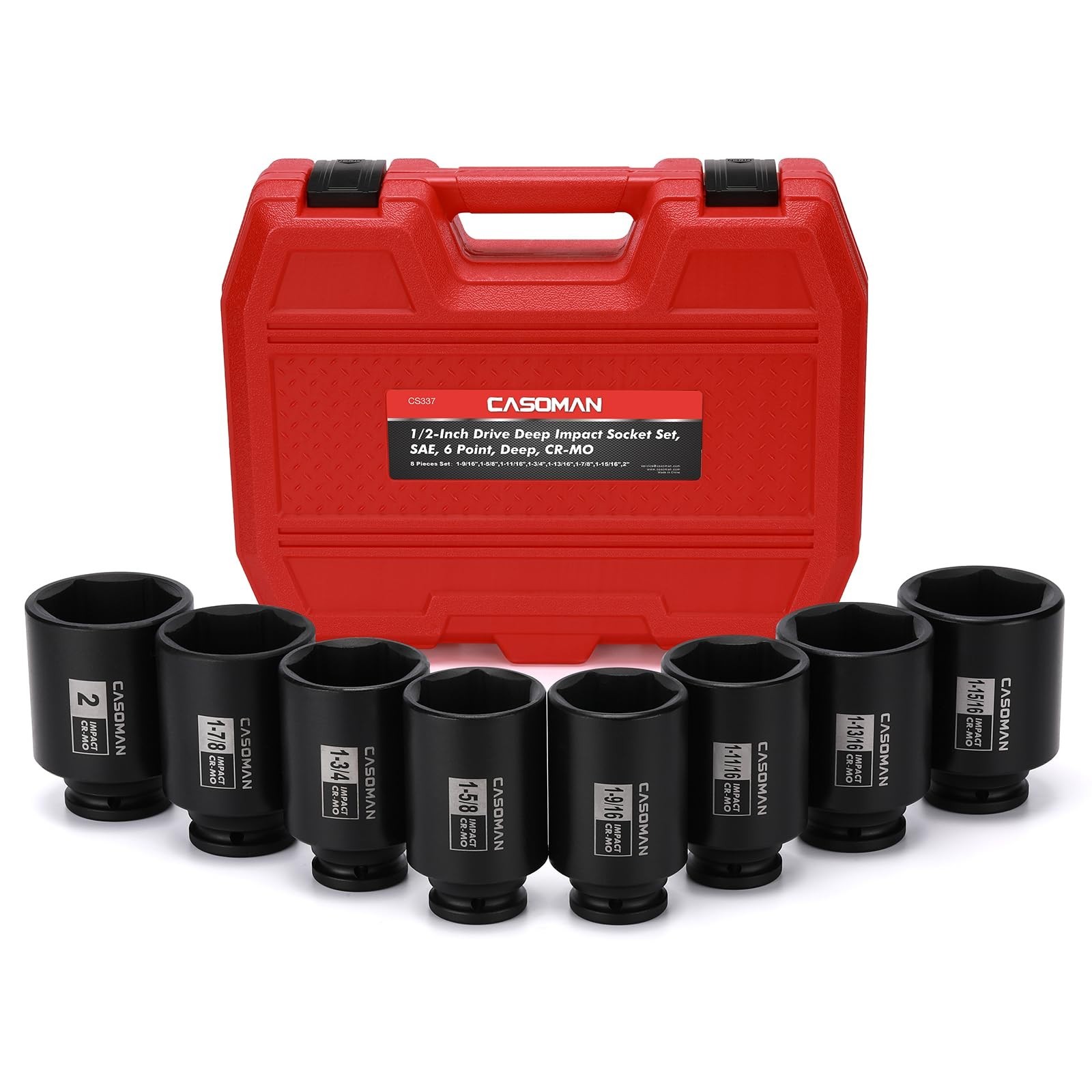 8PCS 1/2″ Drive Deep Impact Socket Set – SAE 1-9/16″ to 2″, 6-Point, CR-MO