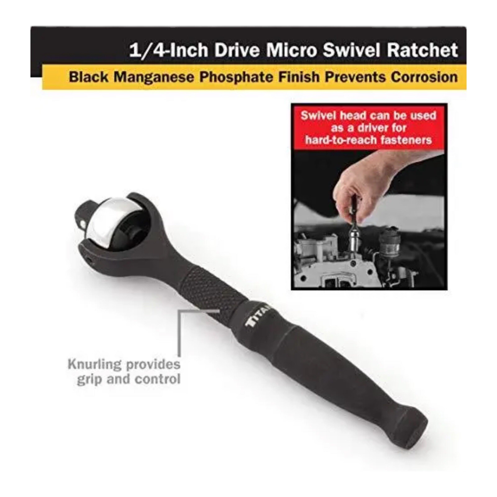 Titan 11313 1/4 in. Drive 4″ Long Micro Swivel Ratchet