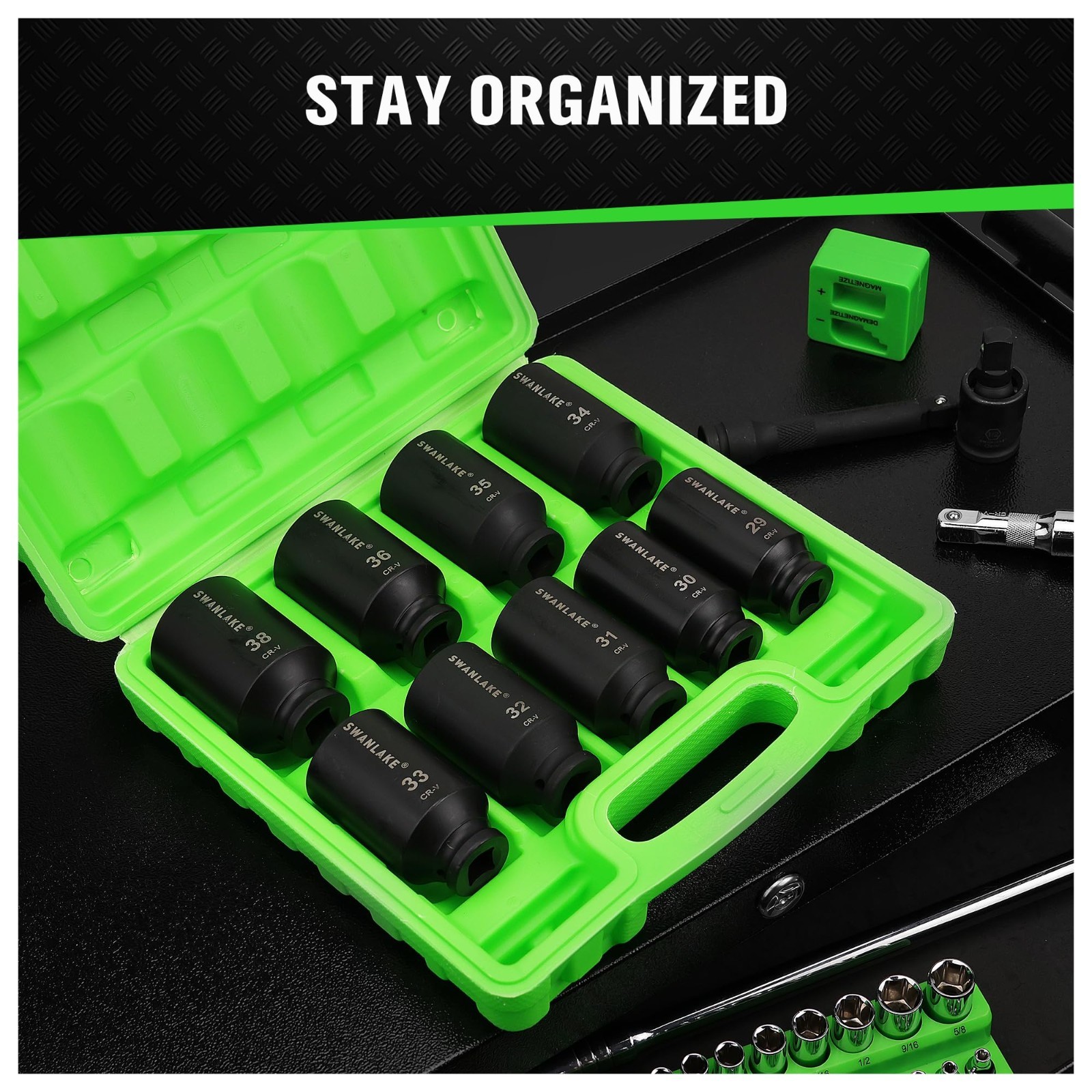 9-Piece Deep Metric Impact Axle Nut Socket Set 29mm-38mm, High Torque Cr-V Socke