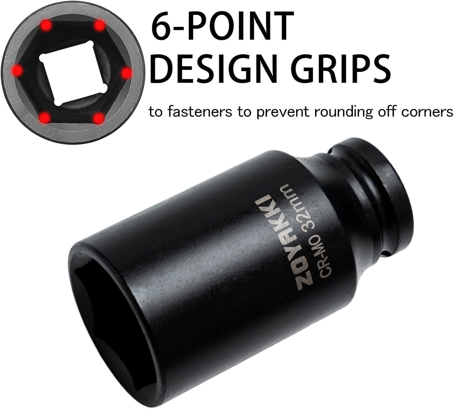 1/2″ Drive x 32 mm Deep 6 PT Impact Socket, CR-MO, 1/2-inch 6 32mm