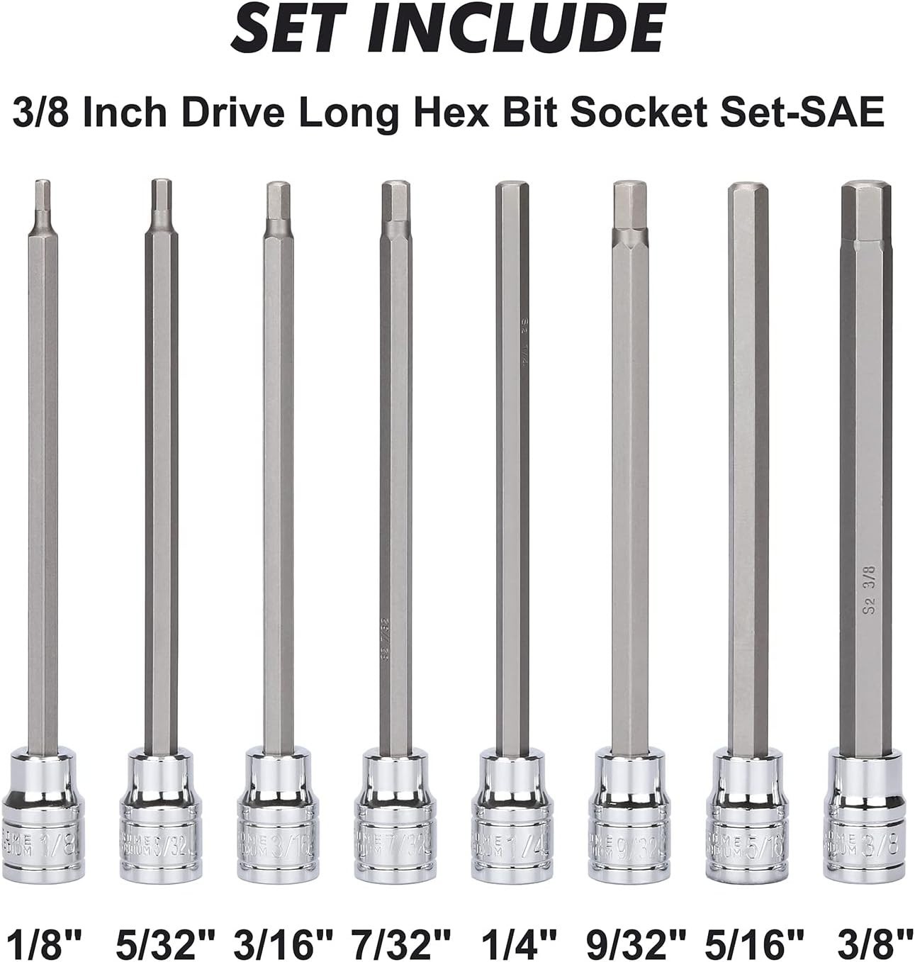 Professional 3/8 Inch Drive Long Hex Bit Set – 18 Pieces with Handy Storage Case