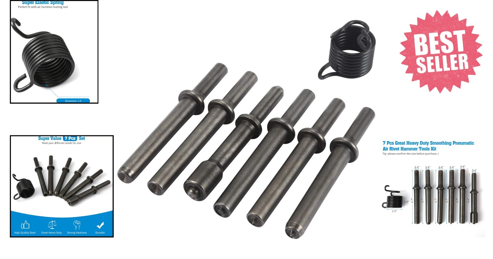 7 Pcs Great Heavy Duty Smoothing Pneumatic Air Rivet Hammer Tools Kit Black