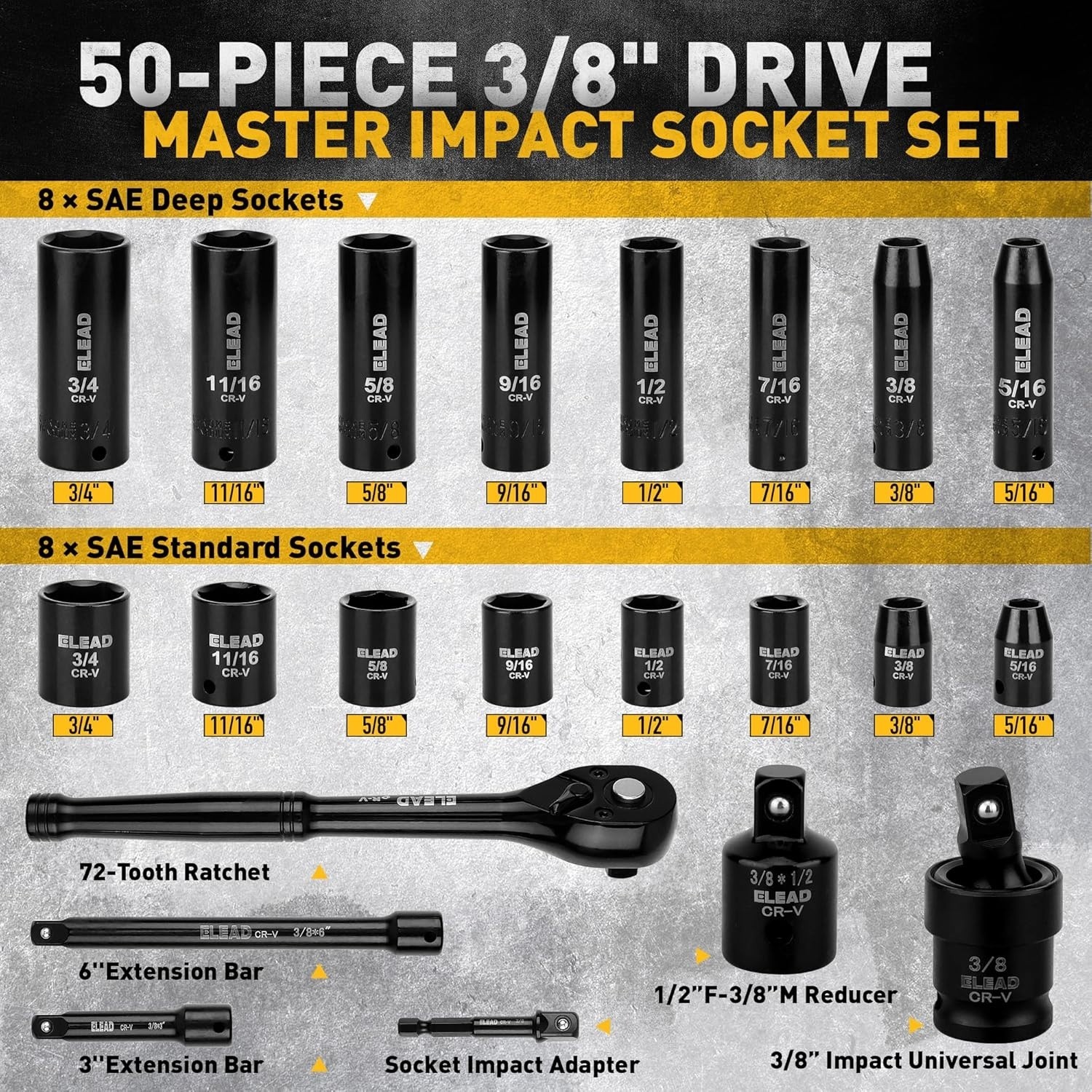 3/8» Drive Impact Socket Set, 50-Pcs Shallow & Deep Socket Set Metric &Standard