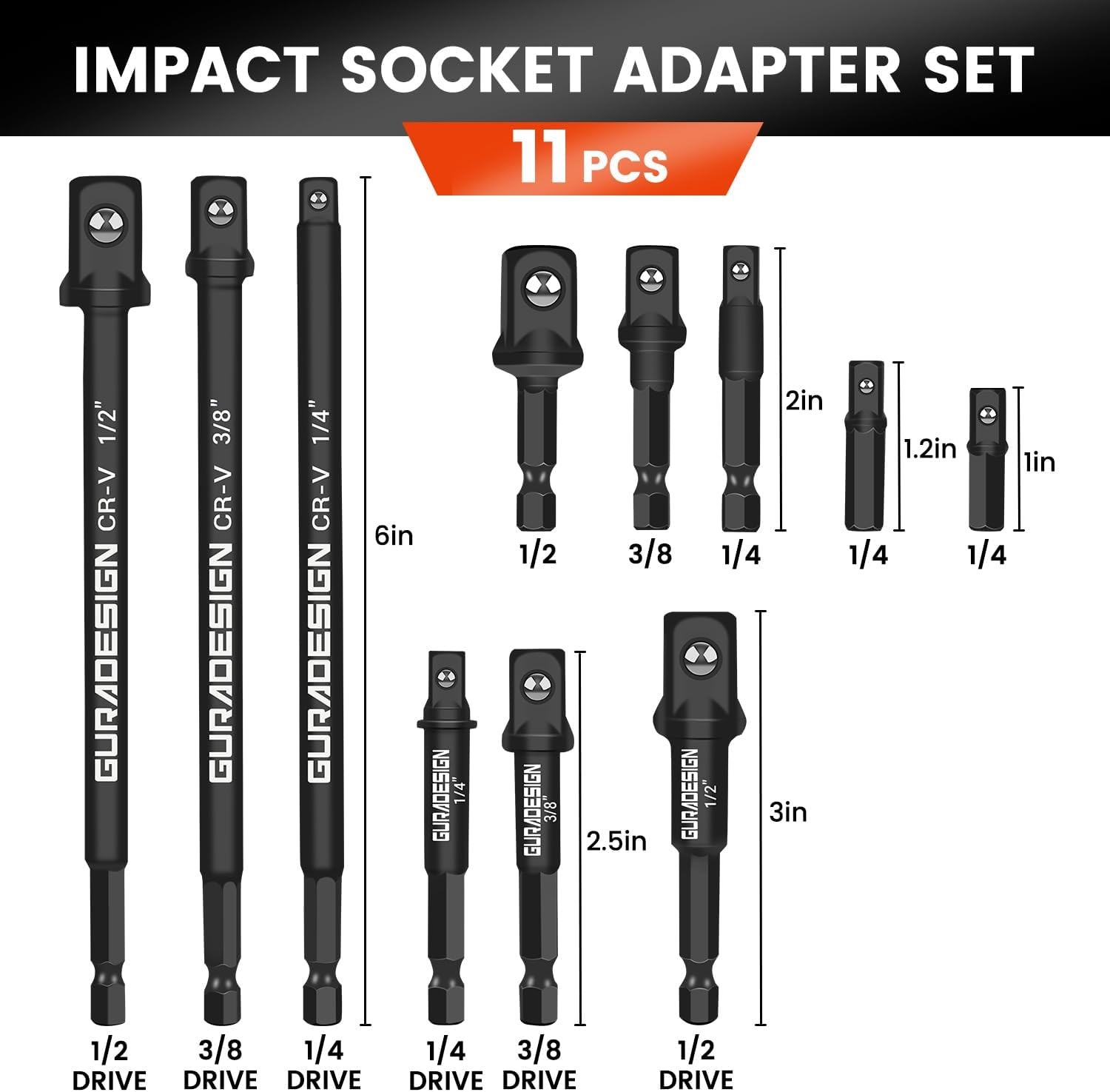 11-Piece Impact Socket Adapter Set – 3/6 Inch Hex Shank, One Size, Black