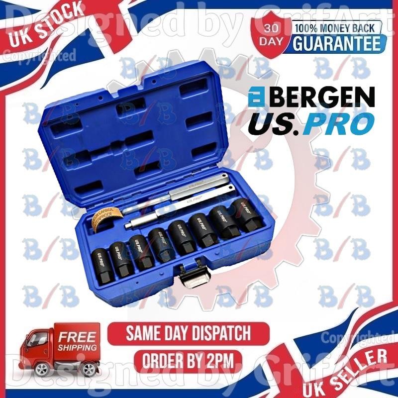 USPRO 10PC LOCKING WHEEL NUT REMOVAL SET SOCKET REMOVER KIT WORN DAMAGED 18-25MM