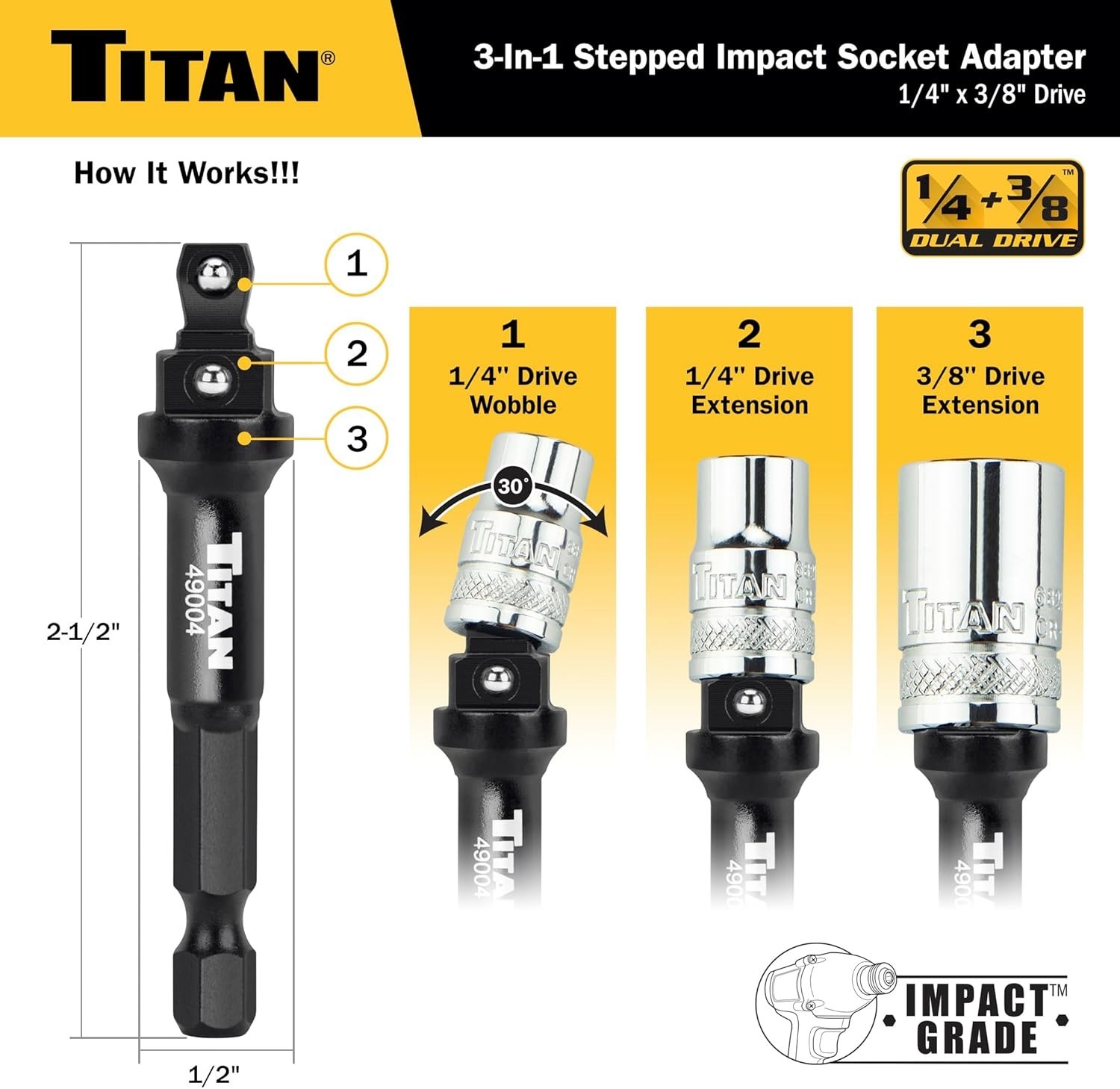 Titan Tools 49004 Dual Drive 1/4 and 3/8 Inch Impact Socket Adapter