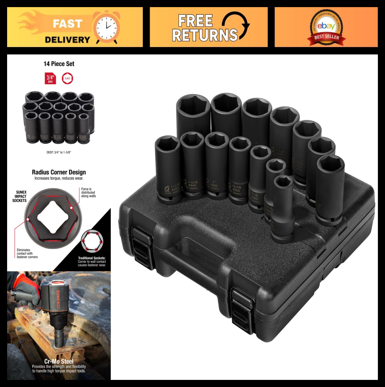 14-Piece 3/4″ Drive Deep Impact Socket Set, SAE Cr-Mo Steel, Heavy Duty Case